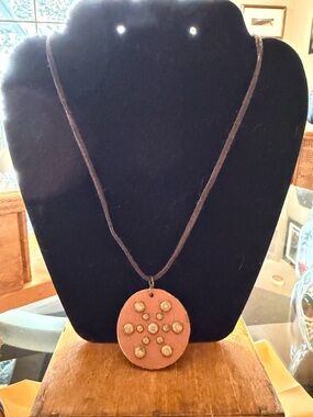 Boho Brown Leather Pendant Necklace with Stud Accents
